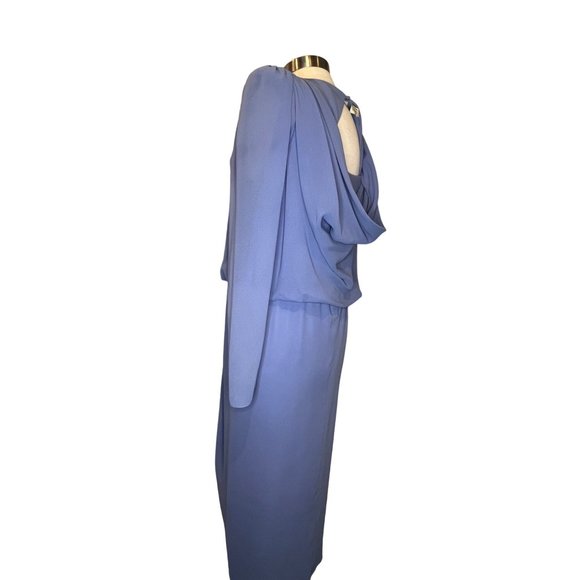 HAND MADE DESIGNER Women's Tea Dress Blue Long Sleeve Drape Back Neck Aprox Size - Picture 3 of 8